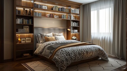 A bedroom with a sophisticated, built-in bookcase, a contemporary bed, and a plush, patterned comforter