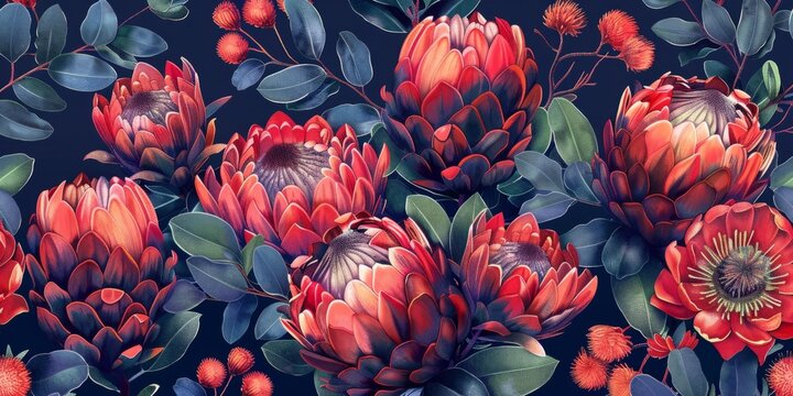 Vintage red african seamless pattern. Tropical flowers background. Banksia, protea line . illustration