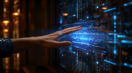 Human hand interacting with futuristic digital city interface in virtual cyberspace. Concept of technology, augmented reality, and human-computer interaction.