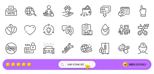 Coffee beans, Card and Dermatologically tested line icons for web app. Pack of Stop stress, Digital wallet, Cut ribbon pictogram icons. Click hand, Buyer, Customer satisfaction signs. Vector
