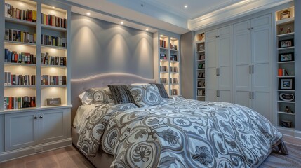 A bedroom with a sophisticated, built-in bookcase, a contemporary bed, and a plush, patterned comforter