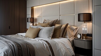 A bedroom with a sophisticated, built-in headboard, a modern bedside lamp, and a luxurious duvet cover