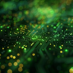 An abstract circuit board with glowing green and yellow lights. The background is a dark green with a bokeh effect.