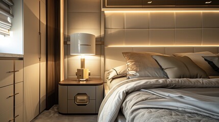 A bedroom with a sophisticated, built-in headboard, a modern bedside lamp, and a luxurious duvet...