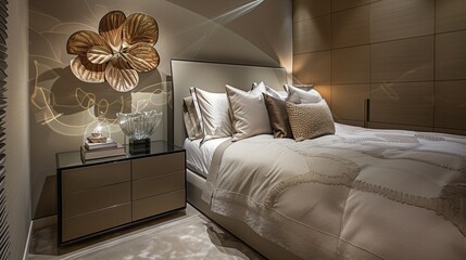 A bedroom with a sophisticated, glass-top nightstand, a contemporary bedspread, and a unique, wall-mounted sculpture