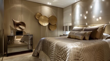 A bedroom with a sophisticated, glass-top nightstand, a contemporary bedspread, and a unique, wall-mounted sculpture