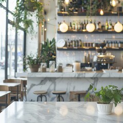Bokeh effect in an office interior with marble stone tabletop for product display. Concept Bokeh Effect, Office Interior, Marble Stone Tabletop, Product Display, Photography