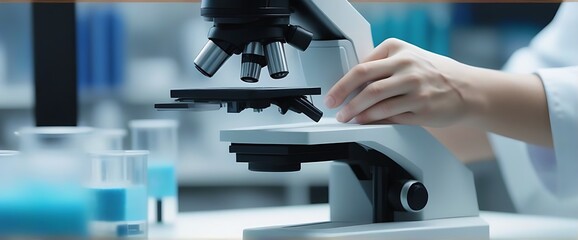 scientists conducting research investigations in a medical laboratory, a researcher in the foreground is using a microscope
