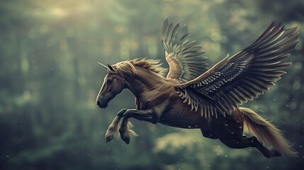 a beautiful flying horse with wings pegasus. winged divine stallion mythical creature from greek mythology. high in the beautiful sky at sunset in the clouds