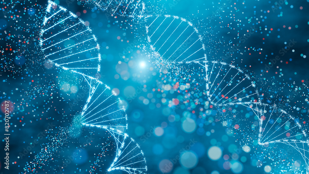 Wall mural dna double helix with sparkling nodes in a dynamic blue environment. genomic sequencing, molecular b