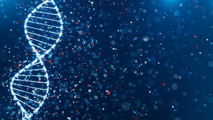 Sparkling DNA helix structure in blue and red. High-tech concept of genetic research,...