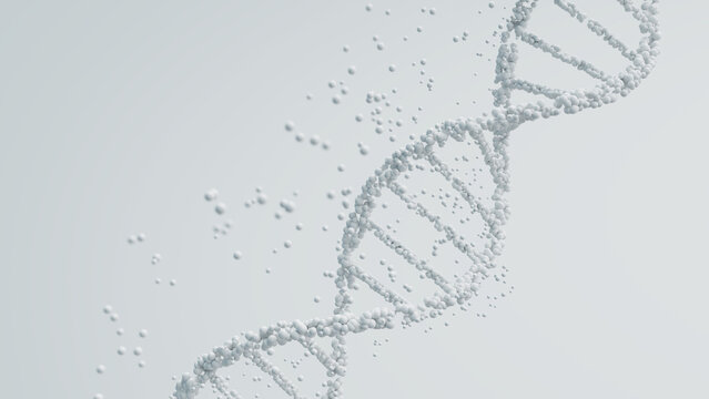 3D rendering of a DNA molecule in white with particles against a light background, scientific purity and genetic analysis.