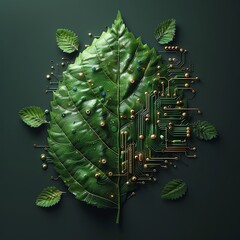 A green leaf with a circuit board pattern in the center. The leaf is surrounded by small green leaves. The background is dark green.