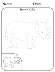 Rhino Printable Activity Page for Kids. Educational Resources for School for Kids. Kids Activity Worksheet. Trace and Color the Shape