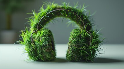 Image shows a pair of headphones made of grass and moss