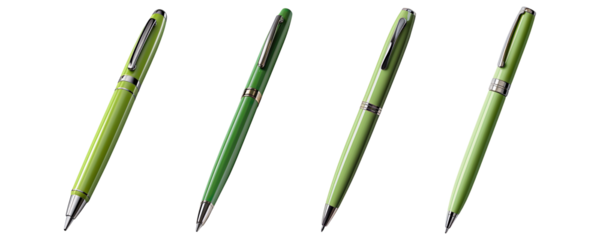 Collection set of green ballpoint pens isolated on transparent background
