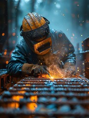 A welder wearing protective gear works on a metal structure, sparks flying from the welding torch.