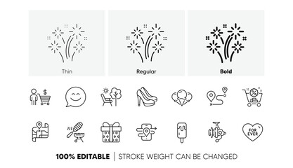 Gift box, Ice cream and Deckchair line icons. Pack of Smile chat, Journey, Shoes icon. Fish grill, Fishing reel, Map pictogram. Fireworks, Gps, Buyer. For ever, Shopping cart, Ice creams. Vector
