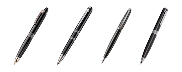 Collection set of black and white ballpoint pens isolated on transparent background