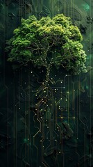A digital painting of a tree with glowing yellow leaves and a circuit board pattern on its trunk. The background is dark green.