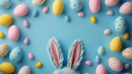 The Bunny and Colorful Eggs on a Bright Blue Background