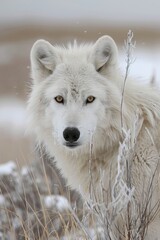 Naklejka premium Majestic arctic wolf gracefully roaming through serene and picturesque snowy wilderness