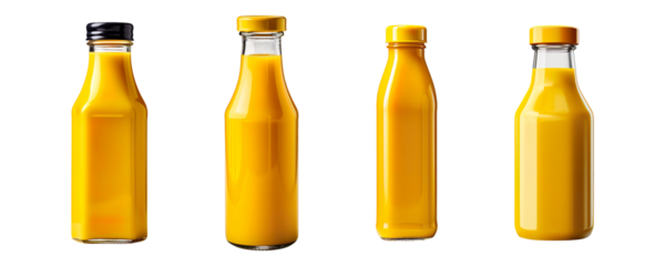 Collection set of yellow mustard bottles isolated on transparent background
