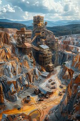 An industrial mining site where large machines extract resources from the earth, surrounded by mountains.