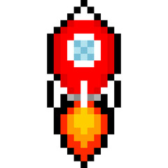 Fototapeta premium Pixel art cartoon red launching rocket icon