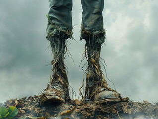 A soldier stands in a field, his boots covered in mud and grass