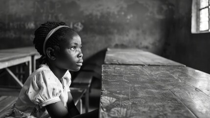 Little black schoolgirl girl sitting in classroom, access to education in African countries