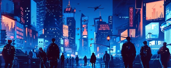 A dystopian cityscape dominated by towering skyscrapers and oppressive architecture, where citizens navigate the labyrinthine streets under the watchful gaze of surveillance drones.   illustration.