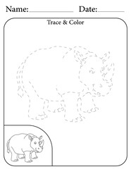 Rhino Printable Activity Page for Kids. Educational Resources for School for Kids. Kids Activity Worksheet. Trace and Color the Shape