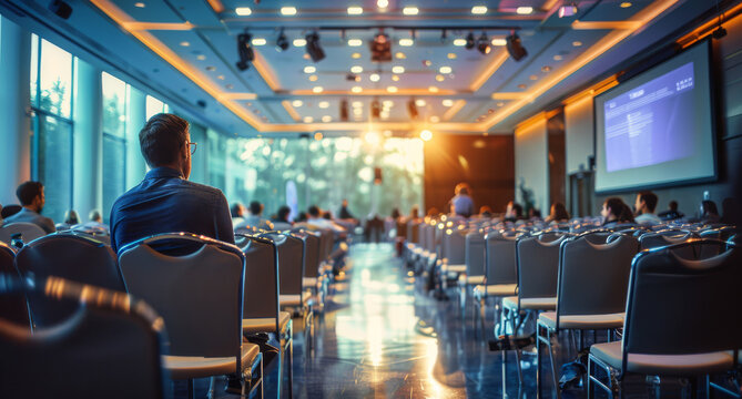 The conference hall was full of audience members. An event speaker gives a talk in a conference hall. Start-up convention, business and entrepreneurship concept. Generative AI.