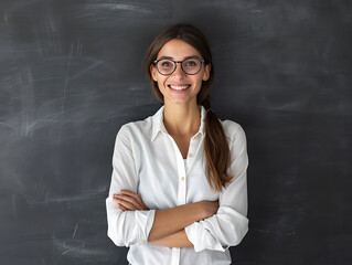 woman in glasses and a white shirt with crossed arms.