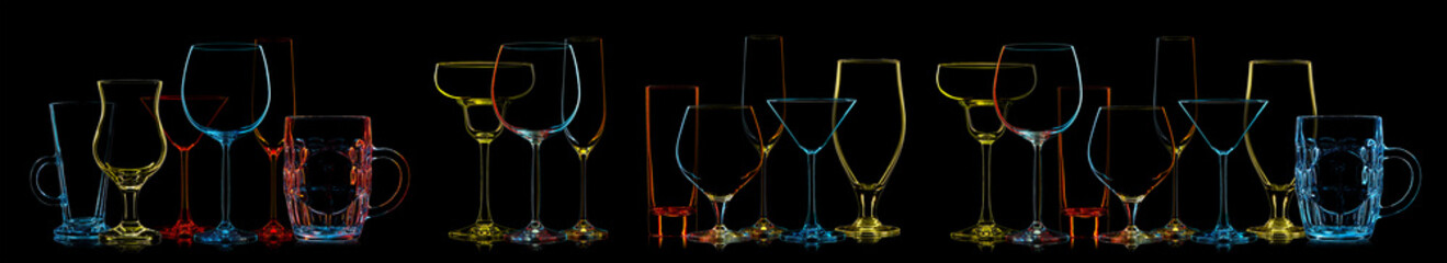 Silhouette of multicolor neon different glasses on black background