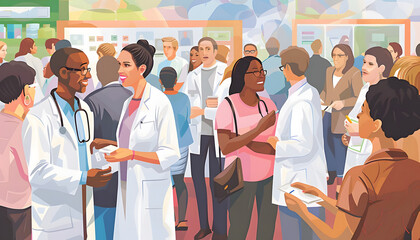 Clipart of doctors at a community health fair interacting with diverse groups of people in a cheer Generative AI - Powered by Adobe