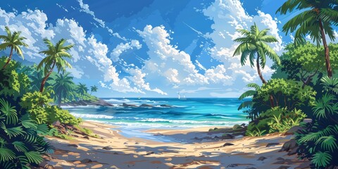 Beautiful Tropical Beach ocean scene with Palm Trees illustration