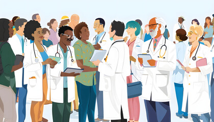 Clipart of doctors at a community health fair interacting with diverse groups of people in a cheer Generative AI