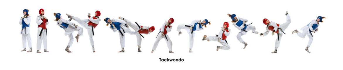 Collage made of two athletic girls in white uniform and protective helmets, training combat sport activity, taekwondo against white background. Concepts of sport, marital arts, defense