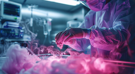 Hands of a surgeon extracting a cancer of the stomach of a patient, a lot of pink luminous smoke...
