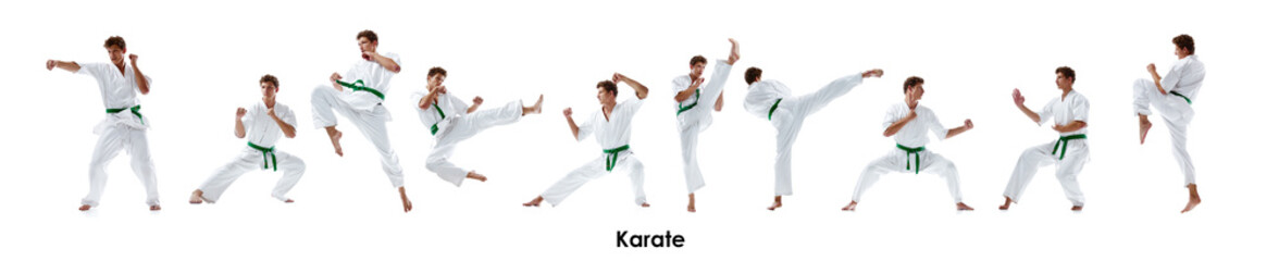 Collage made of young man in kimono training, practicing different karate stances isolated on white background. Concept of martial arts, combat sport, athleticism, active lifestyle © master1305