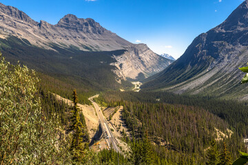 View from Big Hill and Big Bend viewpoint with Canadian Rockies landscape of Jasper National Park,...