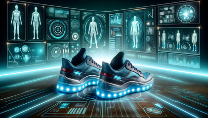Futuristic smart intelligent shoes. Wearables for fitness and motion data tracking of the future.