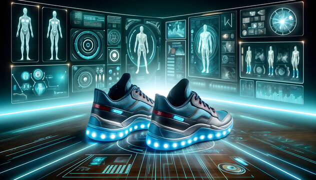 Futuristic smart intelligent shoes. Wearables for fitness and motion data tracking of the future.