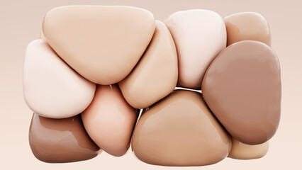 3D rendering of beige and brown makeup foundation blobs on a light background representing diverse skin tones. Abstract beauty and cosmetics concept.