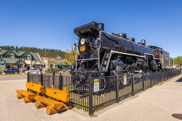 Old Canadian National steam locomotive train in Jasper National Park in Alberta Canada