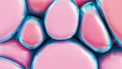 3D rendering of pink and blue glossy blobs clustered together. Abstract digital art and futuristic design concept.