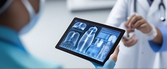 The doctor looks at the x-ray results on the tablet screen. Medical professionals use advanced technology to access health information.