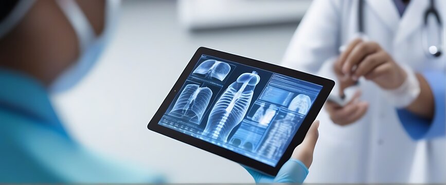 The doctor looks at the x-ray results on the tablet screen. Medical professionals use advanced technology to access health information.